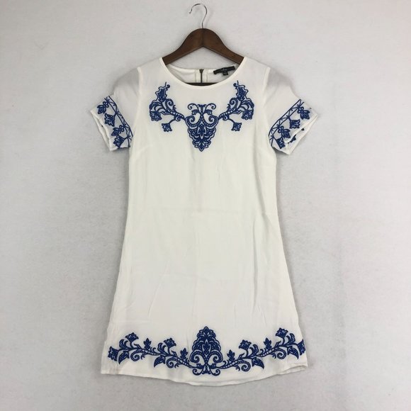 Lulus Women's Size X-Small Tale To Tell Blue Ivory White Short Sleeve Mini Dress - Picture 1 of 10